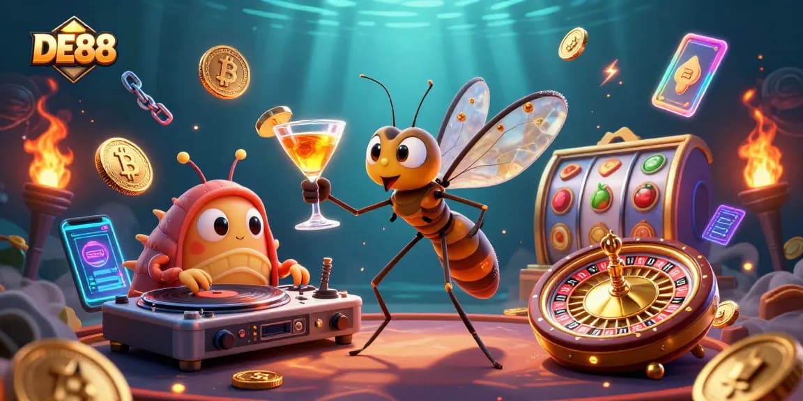 Experience DE88’s thrilling casino atmosphere with a cinematic 3D illustration showcasing vibrant characters and crypto elements.