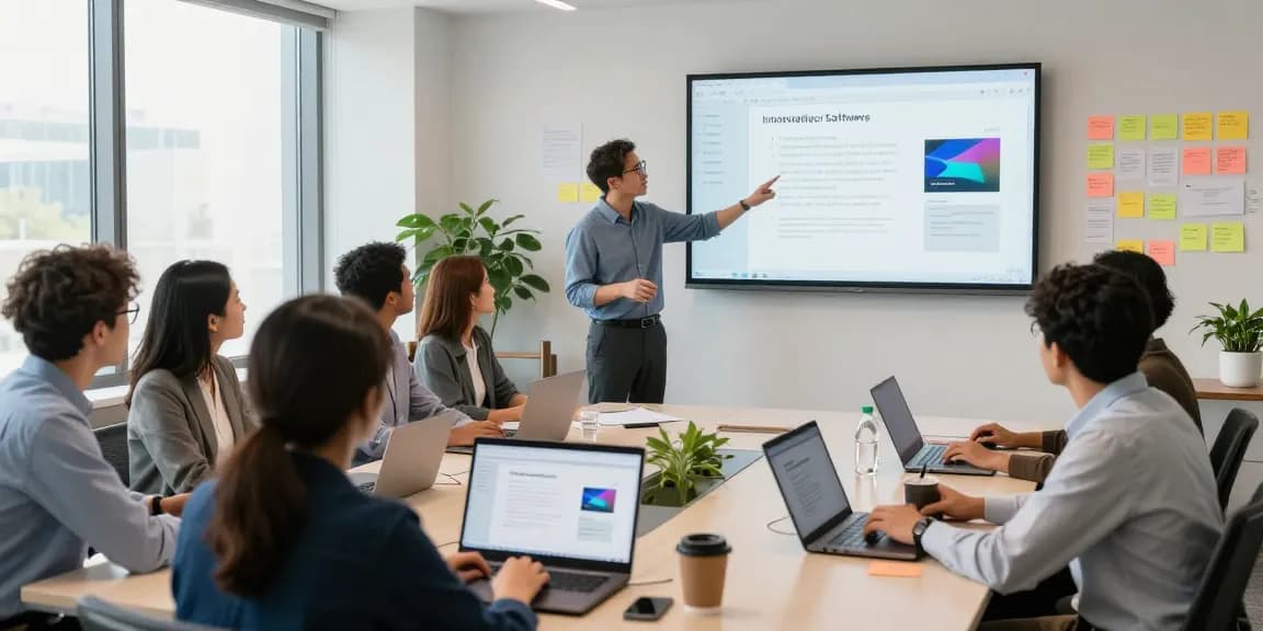 Team collaborating using the WPS Official Website in a modern office environment, showcasing innovative software features.