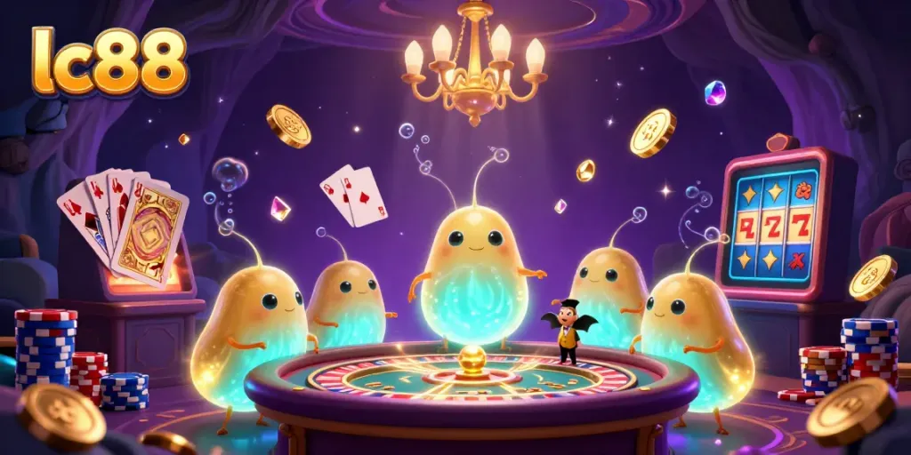 Experience the vibrant lc88 casino scene illuminated by glowworms, showcasing games and excitement.