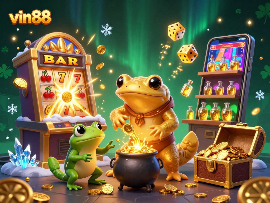 Experience vin88's vibrant casino world with a dynamic 3D illustration of gold, luck, and gaming excitement.