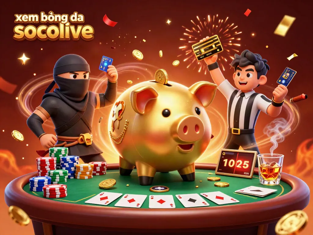 Experience xem bóng đá socolive with lively characters surrounded by vibrant casino elements in a festive scene.