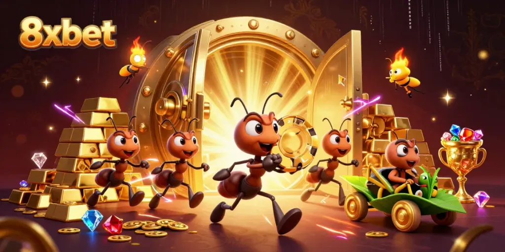 8xbet ants running a heist for a golden poker chip in a vibrant casino-themed scene.