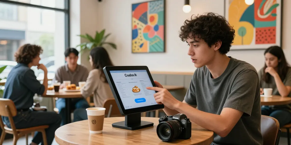 User engaging with Crushon AI on a touchscreen in a vibrant café setting, illustrating modern digital interaction.