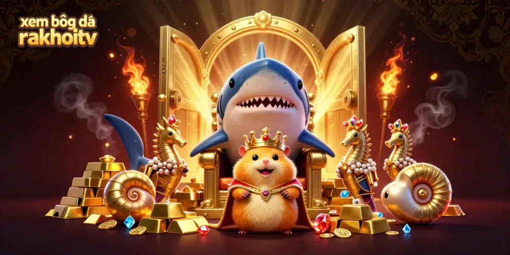 Experience xem bóng đá rakhoitv with a rich illustration of a golden hamster king on a megalodon throne, surrounded by treasure.