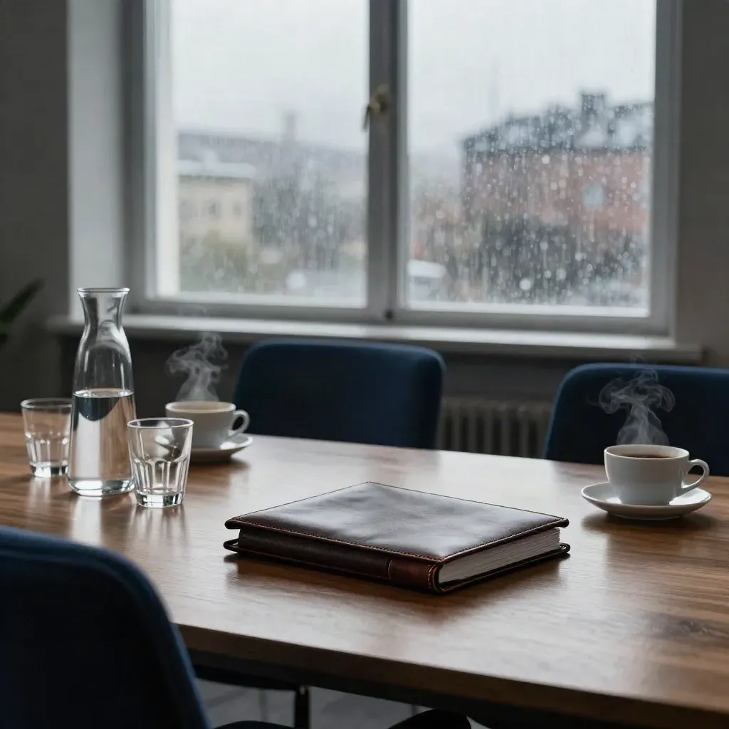 Mörkt förhandlingsrum med läderportfölj, vattenkaraff och regniga fönster i morgonljus.