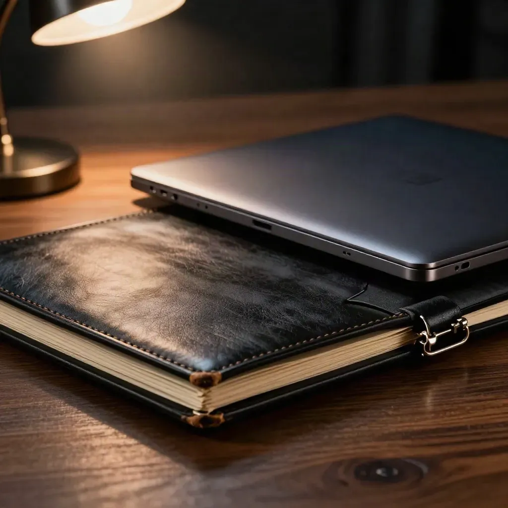 Mörk folio och stängd laptop på mörkt skrivbord i dramatisk lampbelysning