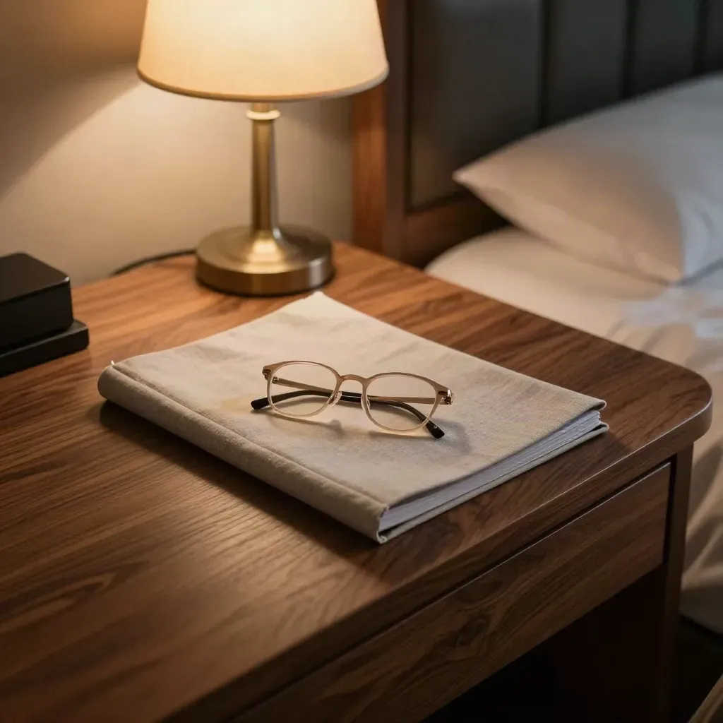 Nära hotelldesk med förseglad folio, läsglasögon och varm sänglampa i skymningsljus.