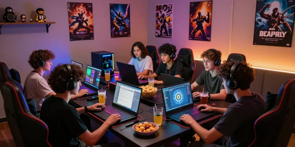 Friends enjoying online gaming together in a cozy lounge with vibrant lights and snacks, featuring rokok88 login.