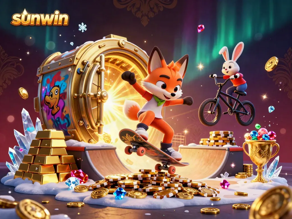 Experience thrilling gameplay with sunwin as fox and rabbit perform tricks above a treasure vault!