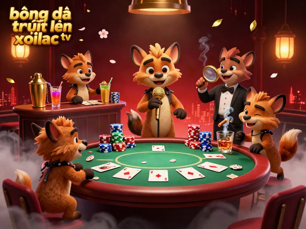 Bóng đá trực tuyến xoilac tv scene with cartoon hyenas performing in a vibrant casino club.