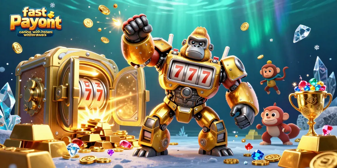 Experience fast payout casinos online with instant withdrawals, featuring a golden gorilla mech with gaming elements.